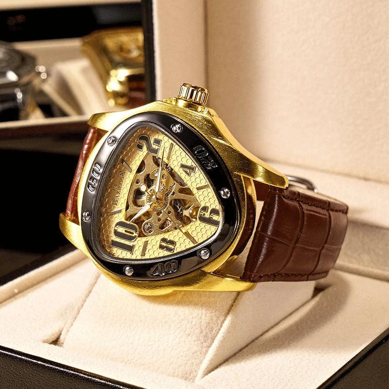 A stylish men's mechanical watch with a hollow triangle design, featuring a durable alloy case, genuine leather strap, and luminous display for easy reading.