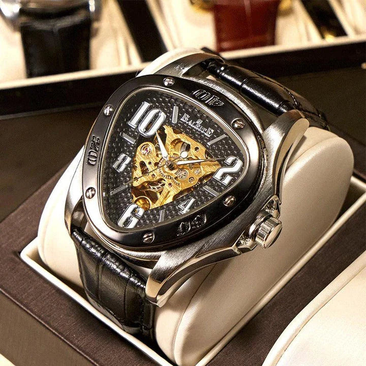 A stylish men's mechanical watch with a hollow triangle design, featuring a durable alloy case, genuine leather strap, and luminous display for easy reading.