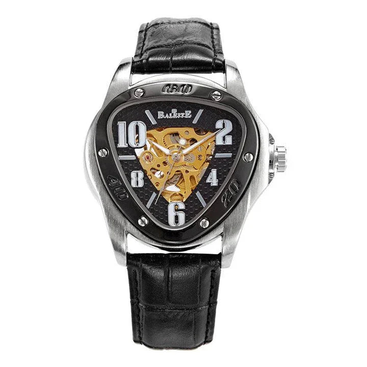 A stylish men's mechanical watch with a hollow triangle design, featuring a durable alloy case, genuine leather strap, and luminous display for easy reading.