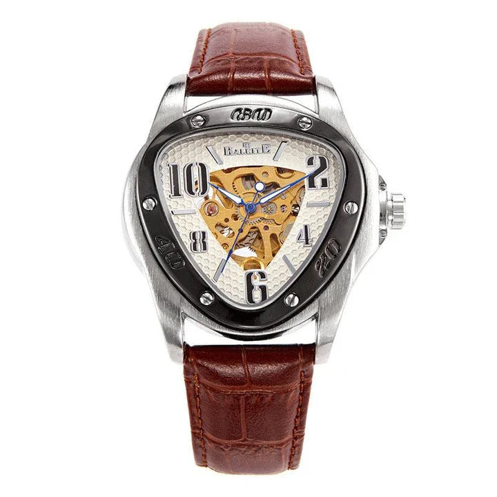 A stylish men's mechanical watch with a hollow triangle design, featuring a durable alloy case, genuine leather strap, and luminous display for easy reading.