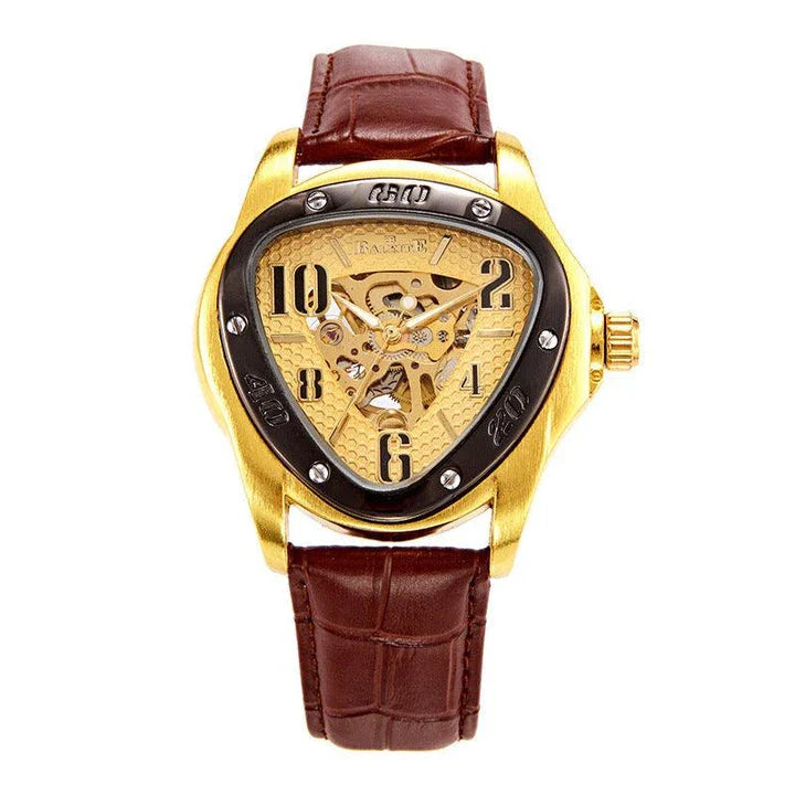 A stylish men's mechanical watch with a hollow triangle design, featuring a durable alloy case, genuine leather strap, and luminous display for easy reading.