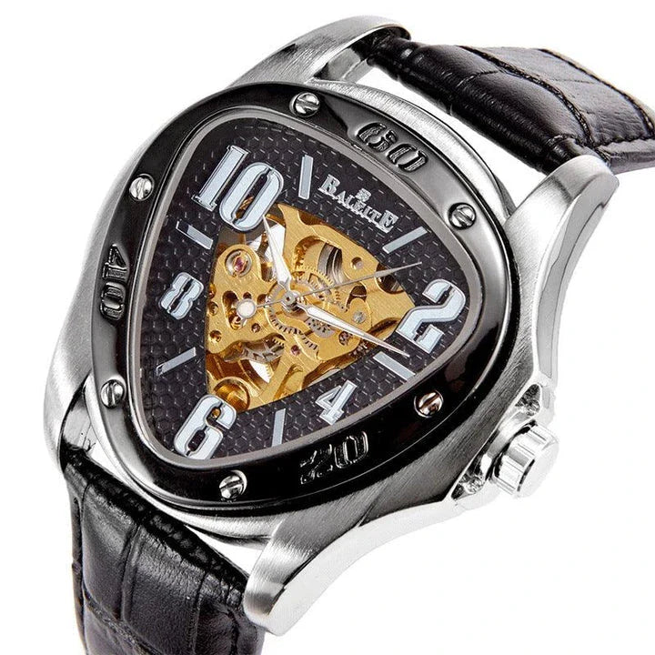 A stylish men's mechanical watch with a hollow triangle design, featuring a durable alloy case, genuine leather strap, and luminous display for easy reading.