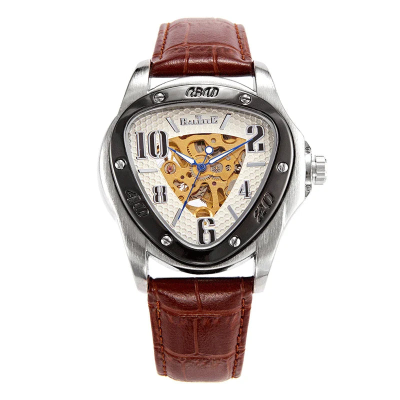 A stylish men's mechanical watch with a hollow triangle design, featuring a durable alloy case, genuine leather strap, and luminous display for easy reading.