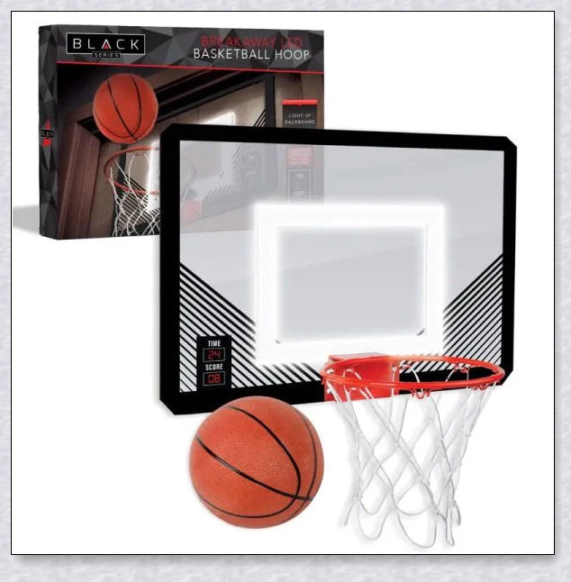 A basketball hoop with a LED-illuminated rim, perfect for indoor basketball games and parties