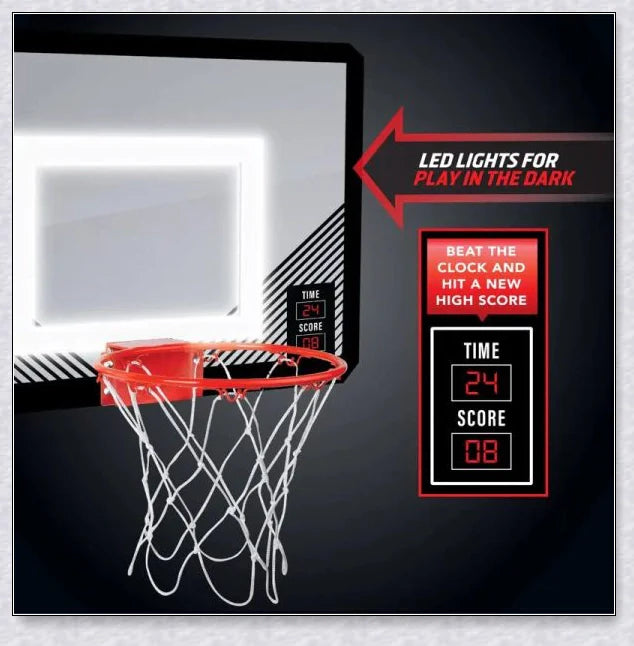 A basketball hoop with a LED-illuminated rim, perfect for indoor basketball games and parties