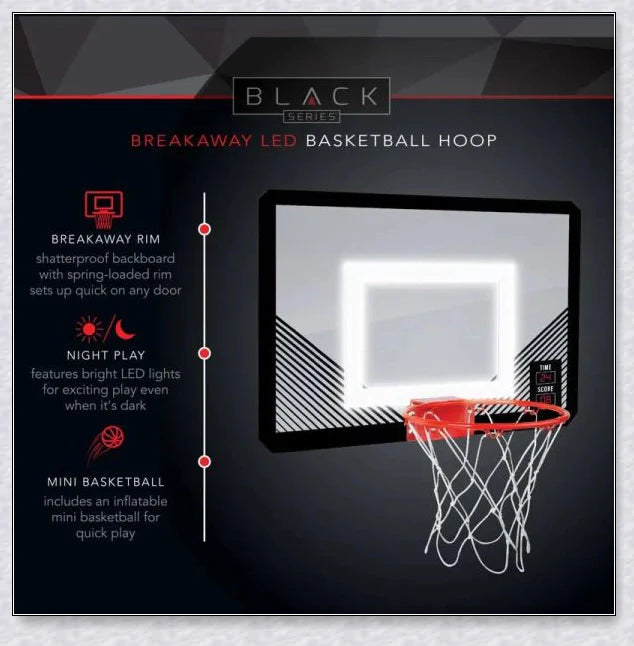 A basketball hoop with a LED-illuminated rim, perfect for indoor basketball games and parties