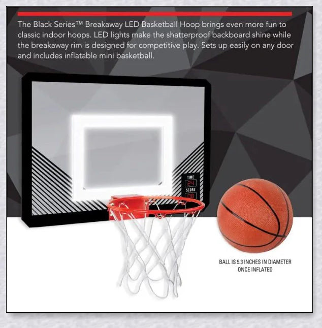 A basketball hoop with a LED-illuminated rim, perfect for indoor basketball games and parties