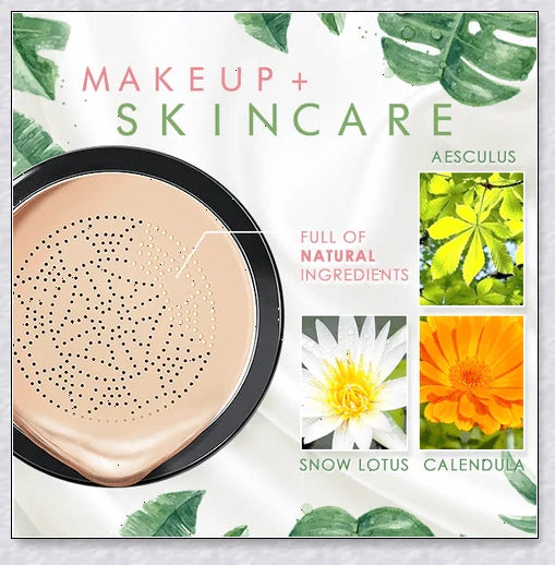 A makeup product featuring a mushroom-shaped sponge applicator for effortless, natural-looking coverage