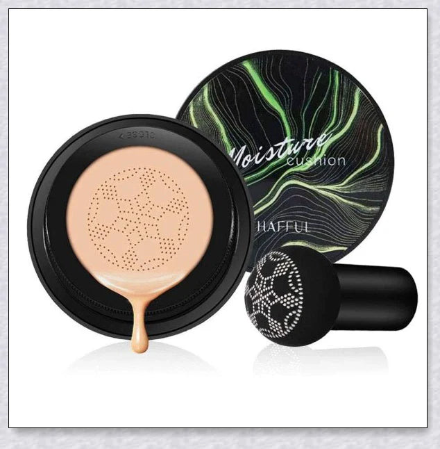 A makeup product featuring a mushroom-shaped sponge applicator for effortless, natural-looking coverage