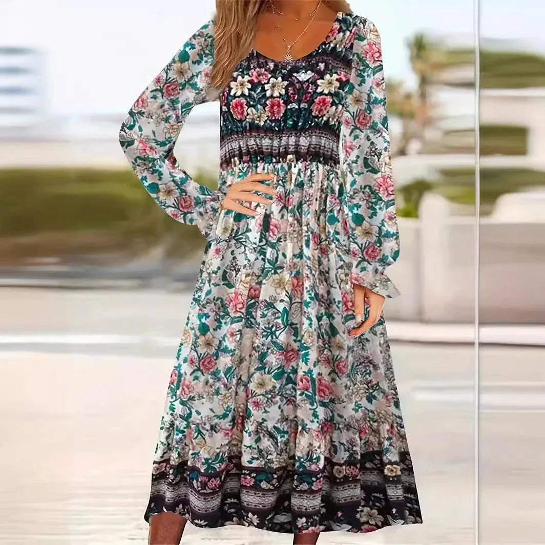 A beautifully printed dress with a round neckline, pullover design, and long sleeves in a variety of colours