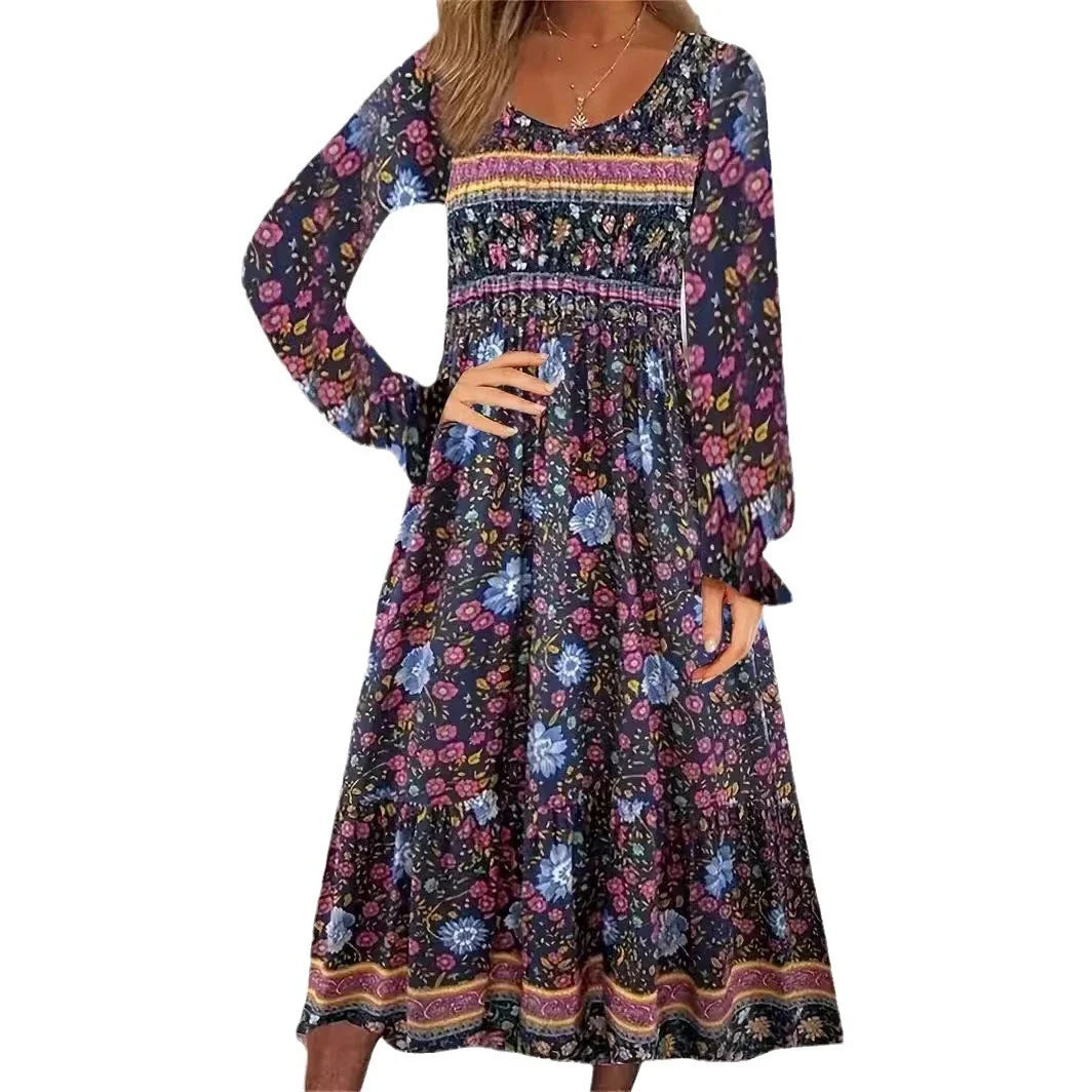A beautifully printed dress with a round neckline, pullover design, and long sleeves in a variety of colours