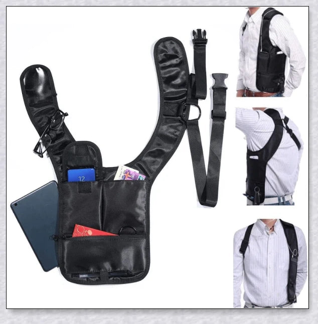 Hidden Slinger anti-theft concealed underarm storage bag for travel, featuring premium materials, adjustable strap, and multiple pockets for secure storage.