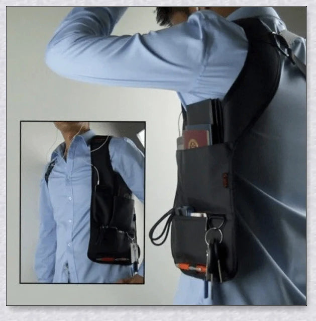 Hidden Slinger anti-theft concealed underarm storage bag for travel, featuring premium materials, adjustable strap, and multiple pockets for secure storage.
