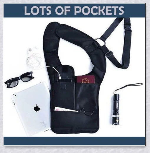 Hidden Slinger anti-theft concealed underarm storage bag for travel, featuring premium materials, adjustable strap, and multiple pockets for secure storage.
