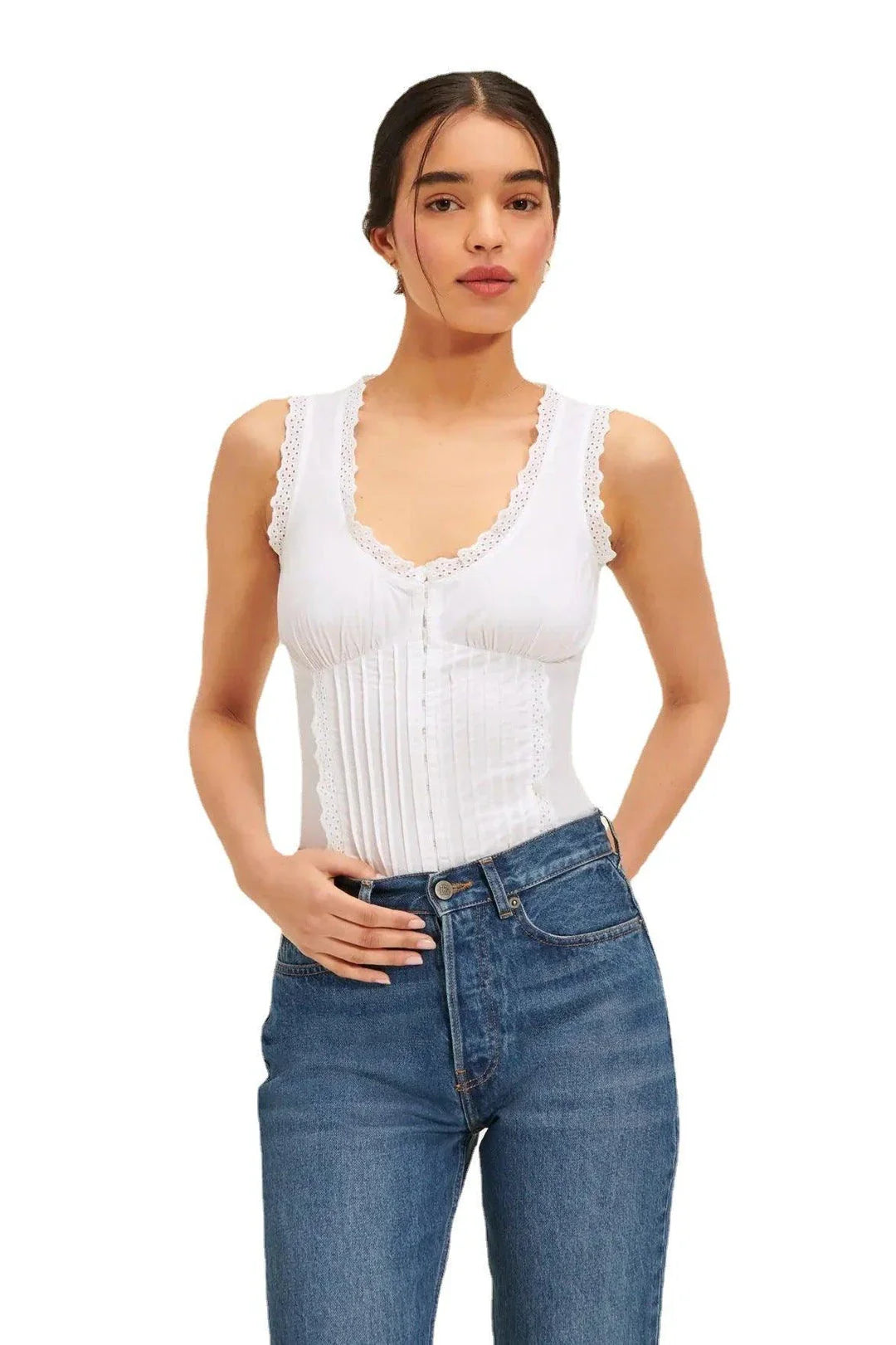 Elegant white tank top with embroidered lace detailing and a sweet U-collar neckline, perfect for British-inspired casual and formal wear.