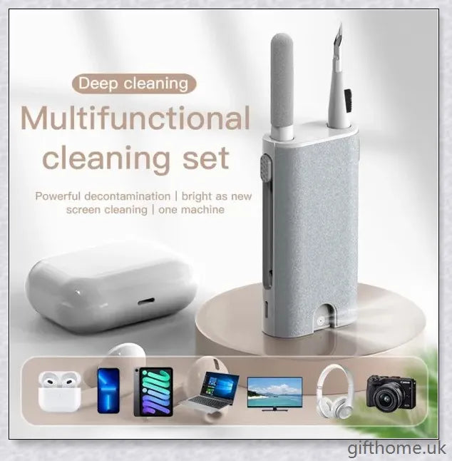 A 5-in-1 screen cleaning kit with a soft sponge, brush, and metal tip for thoroughly cleaning various digital devices
