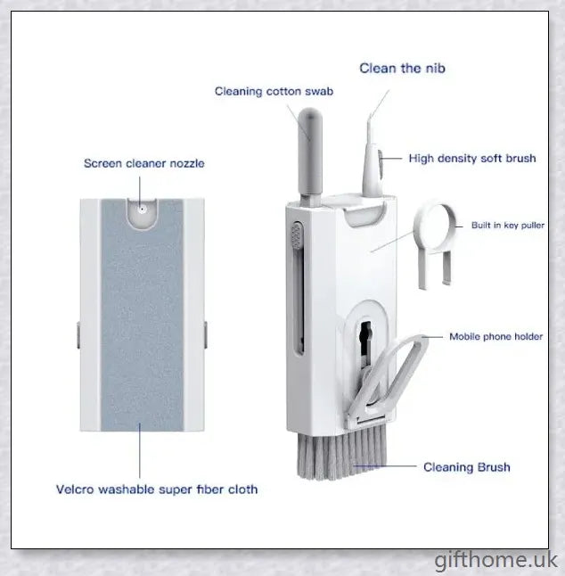 A 5-in-1 screen cleaning kit with a soft sponge, brush, and metal tip for thoroughly cleaning various digital devices