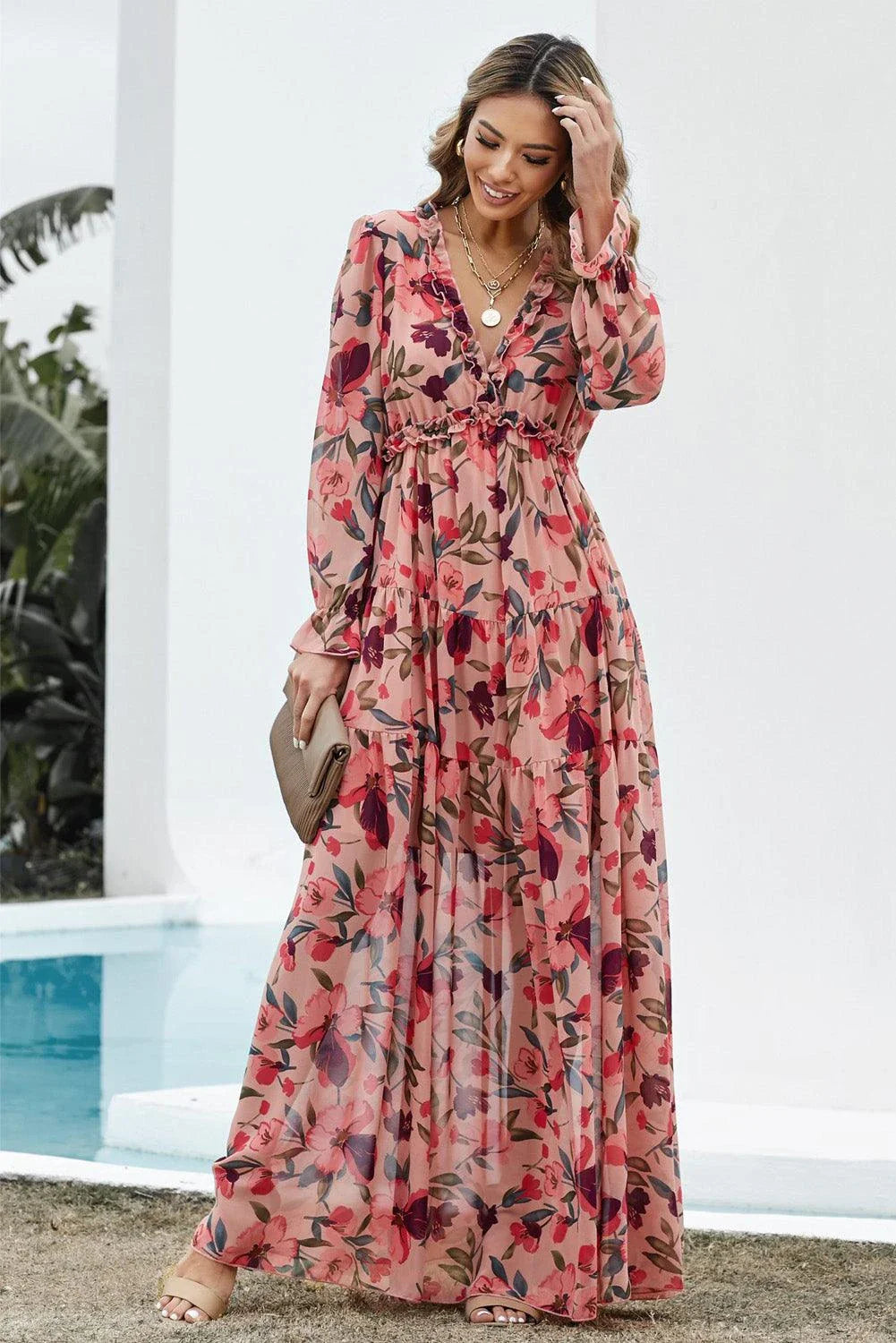 Floral Frill Trim Flounce Sleeve Plunge Maxi Dress from Trendha, featuring a captivating floral print, delicate frill trim, and a flattering flounce sleeve design.
