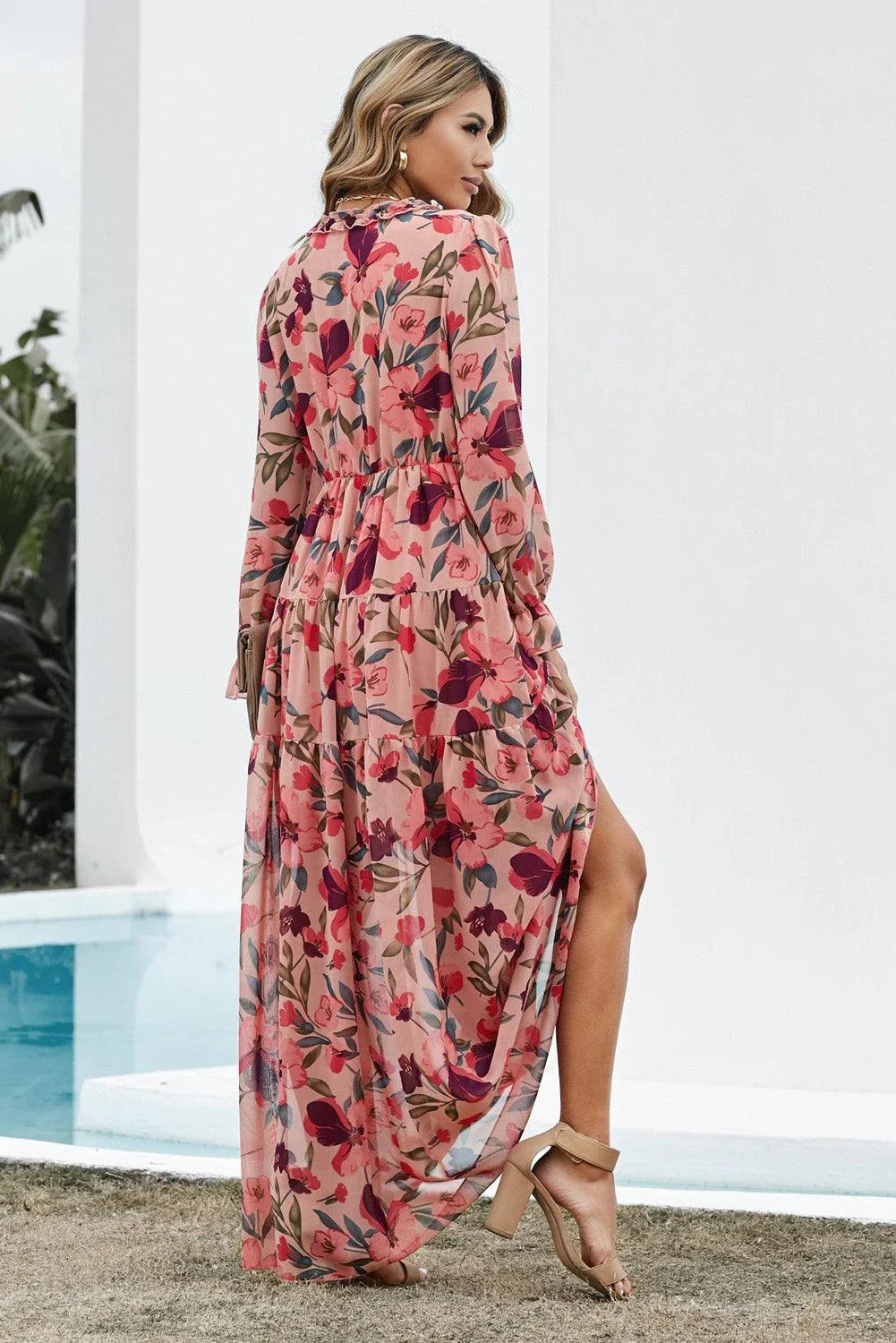 Floral Frill Trim Flounce Sleeve Plunge Maxi Dress from Trendha, featuring a captivating floral print, delicate frill trim, and a flattering flounce sleeve design.