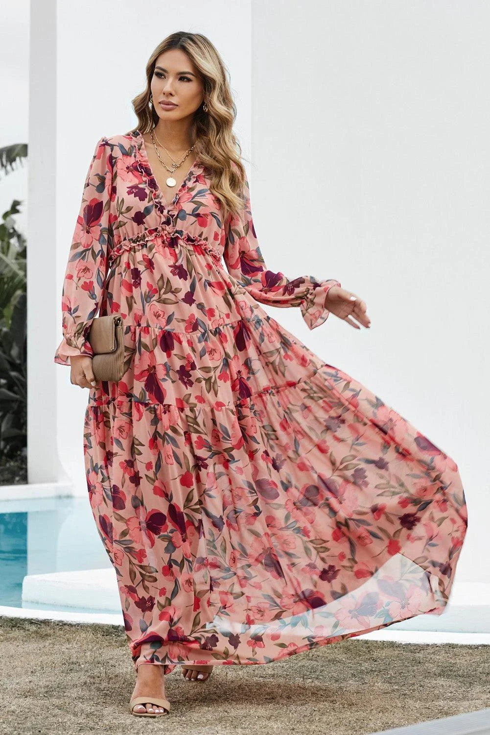 Floral Frill Trim Flounce Sleeve Plunge Maxi Dress from Trendha, featuring a captivating floral print, delicate frill trim, and a flattering flounce sleeve design.