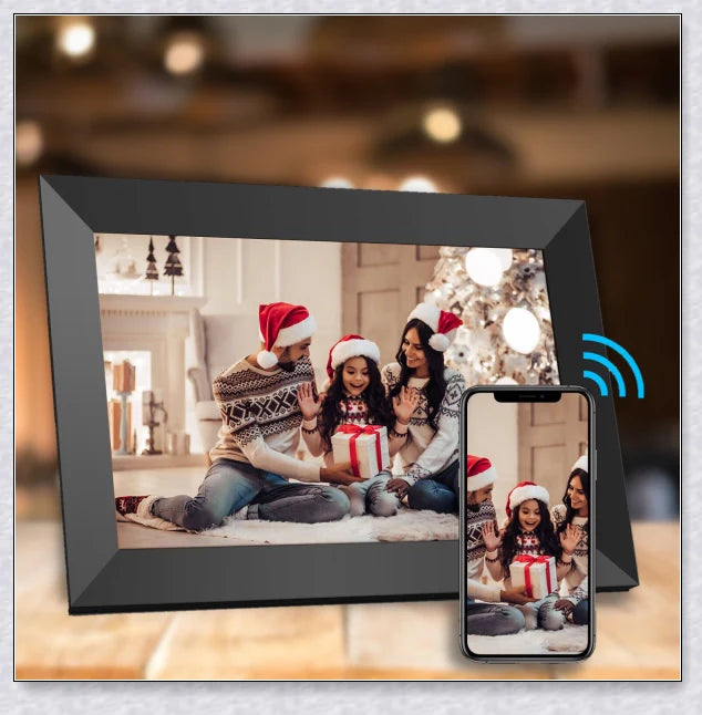 Smart Electronic WiFi Digital Photo and Video Picture Frame in black, displaying a slideshow of family photos and videos on a 10.1-inch HD IPS display