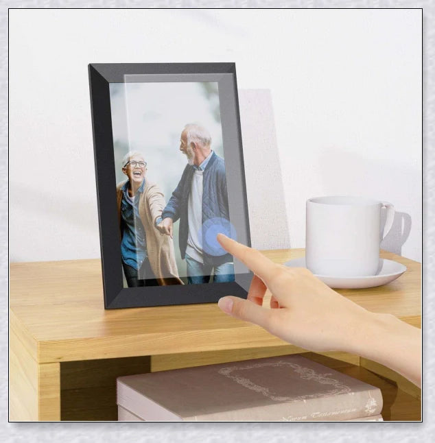 Smart Electronic WiFi Digital Photo and Video Picture Frame in black, displaying a slideshow of family photos and videos on a 10.1-inch HD IPS display