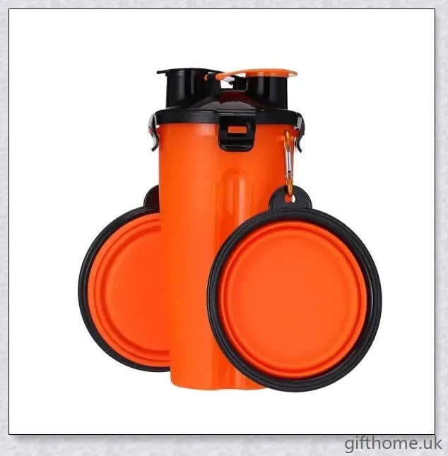 2-in-1 pet water bottle dispenser with collapsible bowls for travelling with dogs and cats