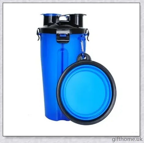2-in-1 pet water bottle dispenser with collapsible bowls for travelling with dogs and cats