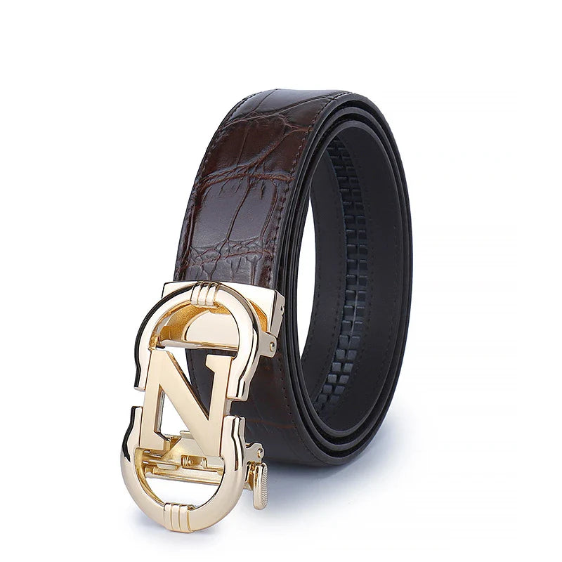 Premium genuine leather men's casual business belt with adjustable length and water-ripple embossed pattern