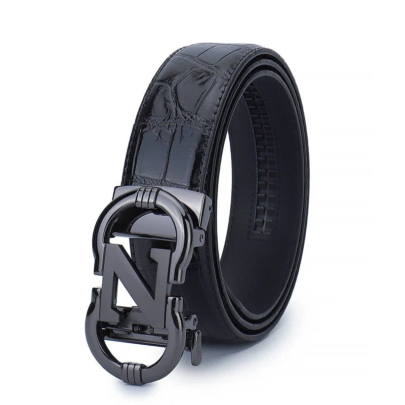 Premium genuine leather men's casual business belt with adjustable length and water-ripple embossed pattern