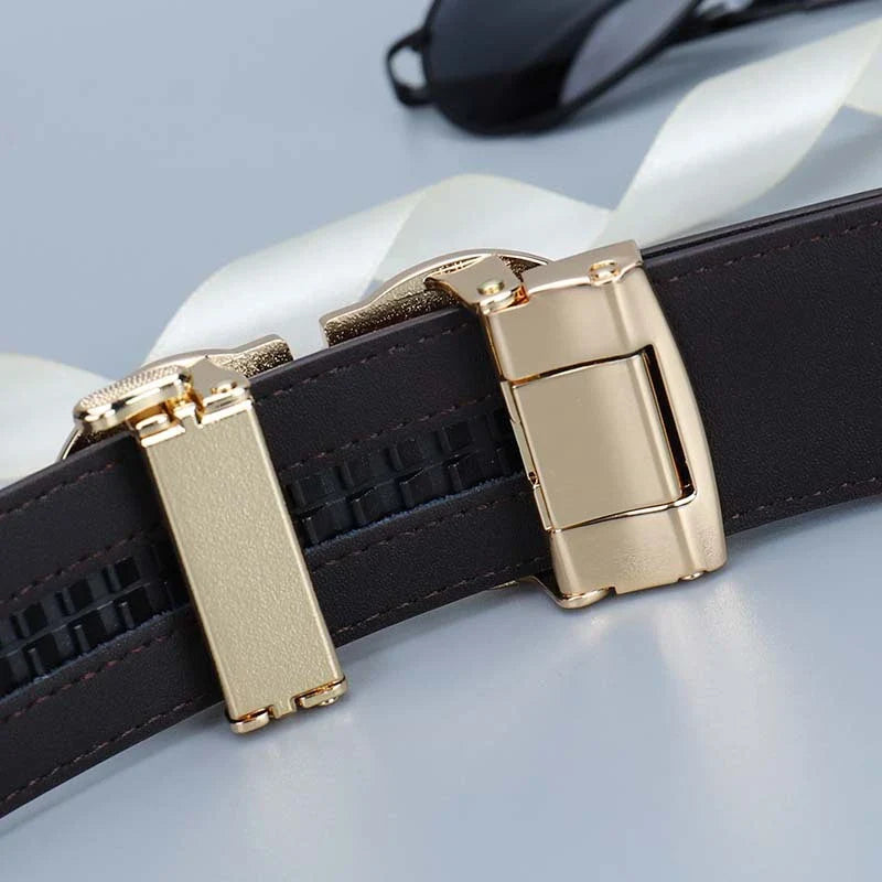 Premium genuine leather men's casual business belt with adjustable length and water-ripple embossed pattern