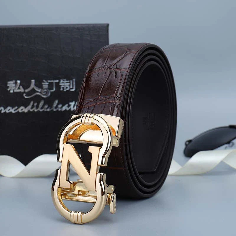 Premium genuine leather men's casual business belt with adjustable length and water-ripple embossed pattern