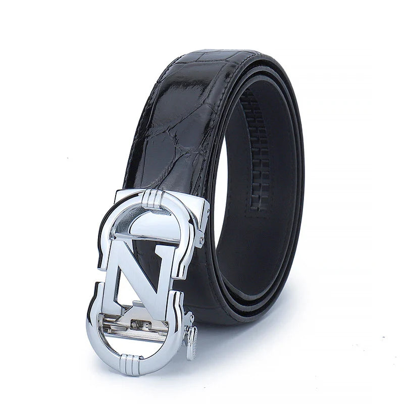 Premium genuine leather men's casual business belt with adjustable length and water-ripple embossed pattern