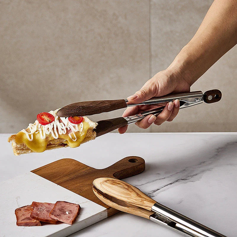 Durable and stylish non-stick BBQ and cooking tongs made from premium wood