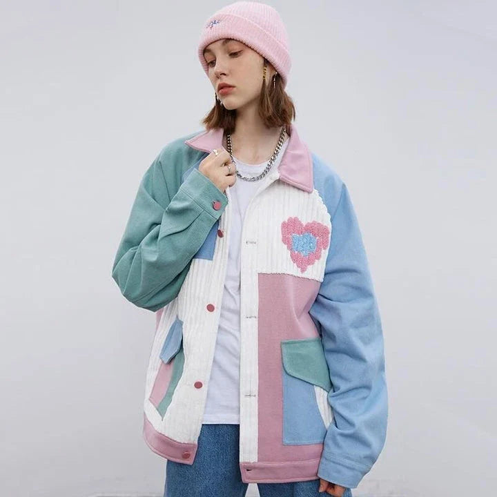 Men's hip hop patchwork heart jacket in a unique colour block design, made from high-quality cotton for comfort and durability.