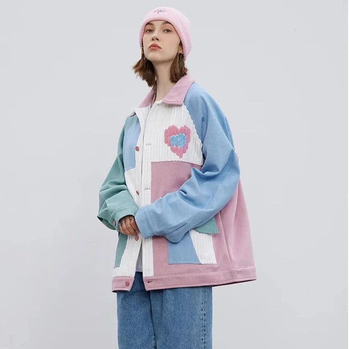 Men's hip hop patchwork heart jacket in a unique colour block design, made from high-quality cotton for comfort and durability.
