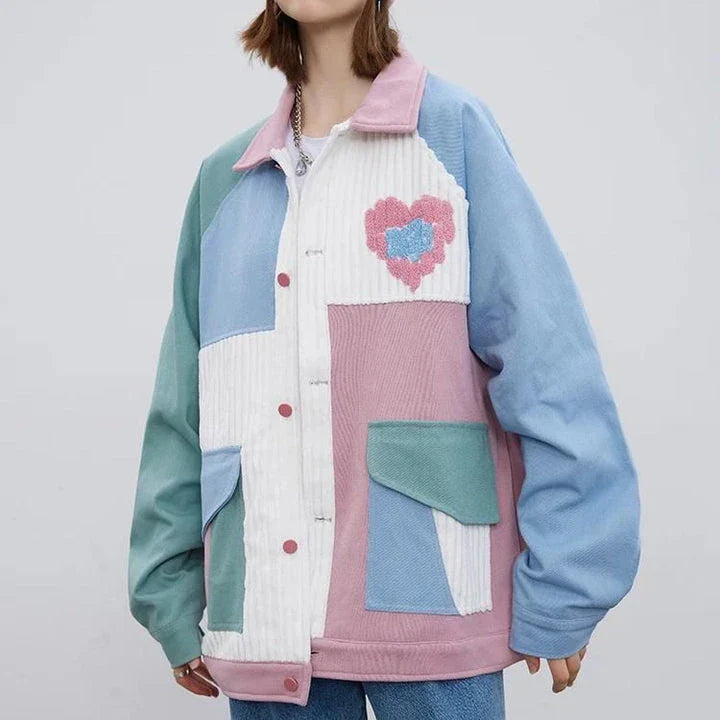 Men's hip hop patchwork heart jacket in a unique colour block design, made from high-quality cotton for comfort and durability.