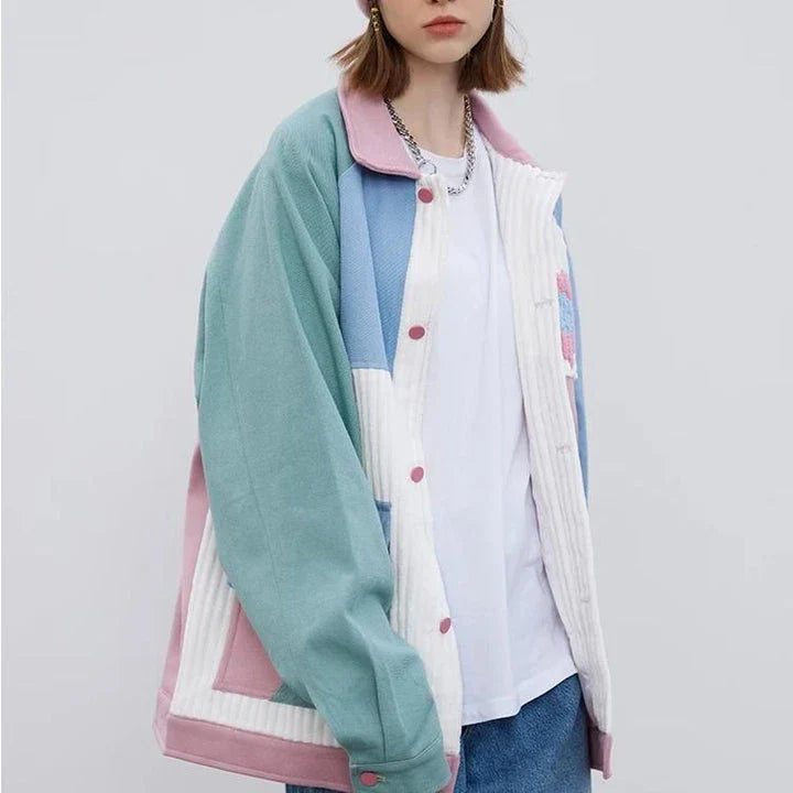 Men's hip hop patchwork heart jacket in a unique colour block design, made from high-quality cotton for comfort and durability.