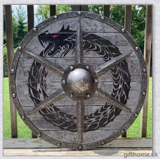 Authentic battle-worn Viking shield with two ravens design and iron spikes, adorned with Celtic buckle and rune characters