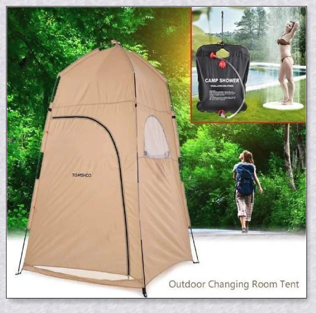 Portable camping shower tent in green, blue, and grey colours, providing instant privacy for outdoor activities