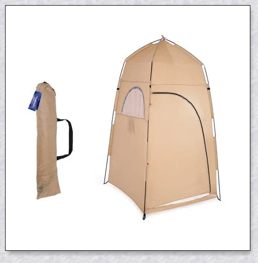 Portable camping shower tent in green, blue, and grey colours, providing instant privacy for outdoor activities