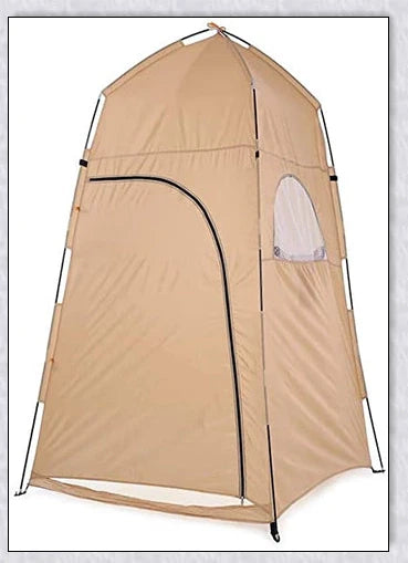Portable camping shower tent in green, blue, and grey colours, providing instant privacy for outdoor activities