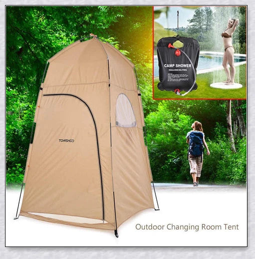 Portable camping shower tent in green, blue, and grey colours, providing instant privacy for outdoor activities