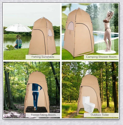 Portable camping shower tent in green, blue, and grey colours, providing instant privacy for outdoor activities