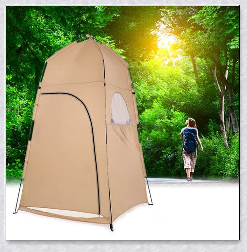 Portable camping shower tent in green, blue, and grey colours, providing instant privacy for outdoor activities