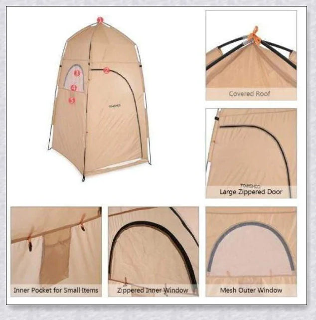 Portable camping shower tent in green, blue, and grey colours, providing instant privacy for outdoor activities