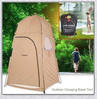 Portable camping shower tent in green, blue, and grey colours, providing instant privacy for outdoor activities