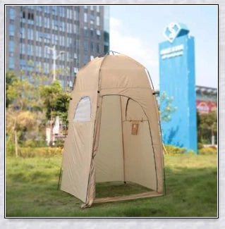 Portable camping shower tent in green, blue, and grey colours, providing instant privacy for outdoor activities