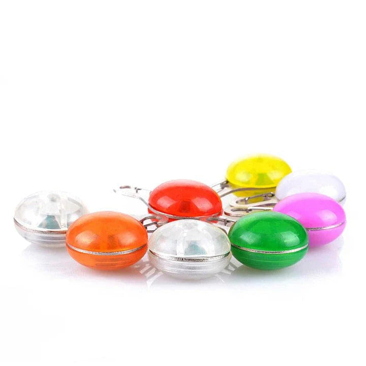 Bright LED flashlight securely attached to a pet's collar, providing visibility and safety during evening walks.