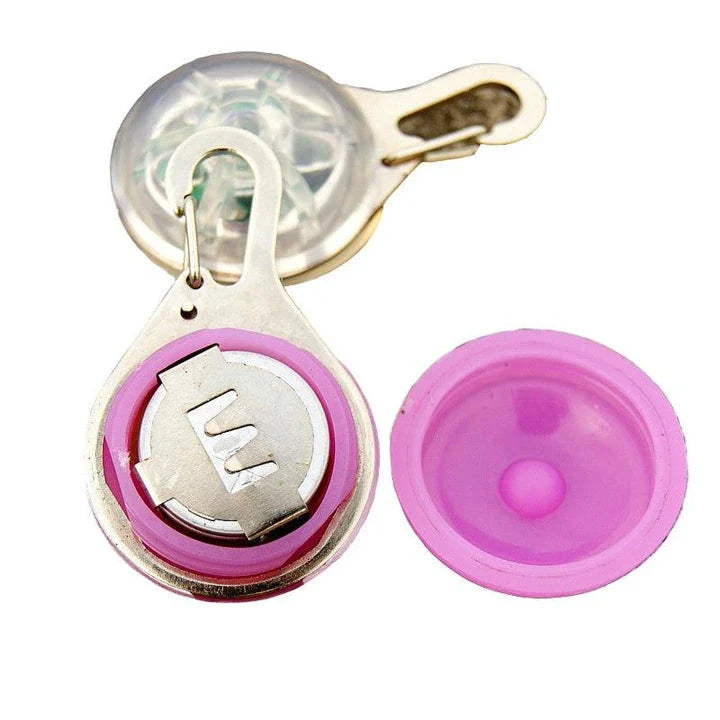 Bright LED flashlight securely attached to a pet's collar, providing visibility and safety during evening walks.